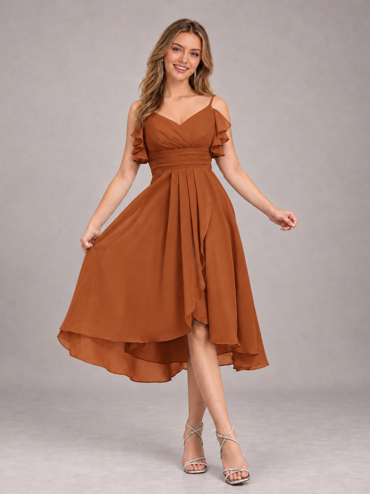 Burnt Orange Beautiful Ruffles High Low Knee Length Chiffon Bridesmaid Dress