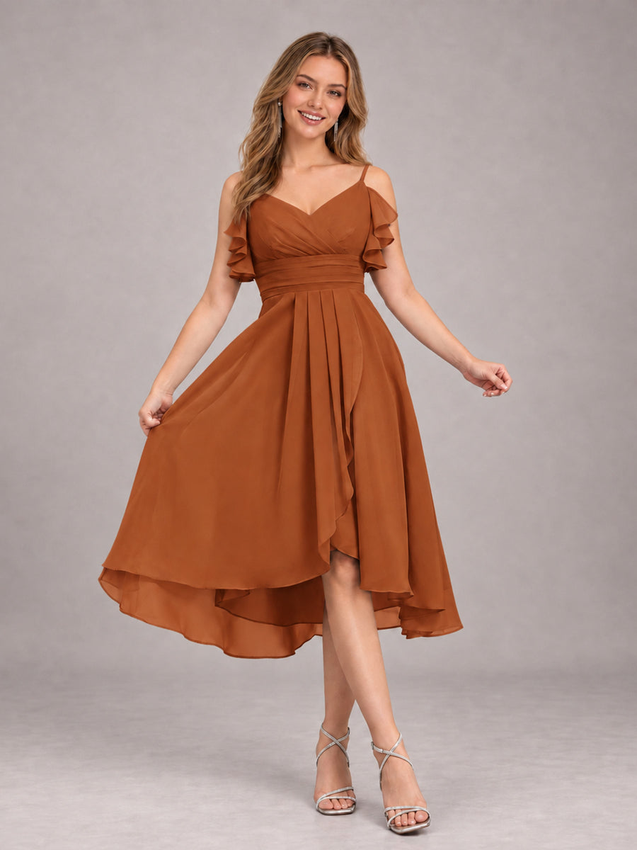 Burnt Orange Beautiful Ruffles High Low Knee Length Chiffon Bridesmaid Dress