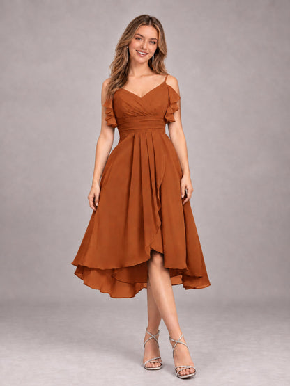 Burnt Orange Beautiful Ruffles High Low Knee Length Chiffon Bridesmaid Dress