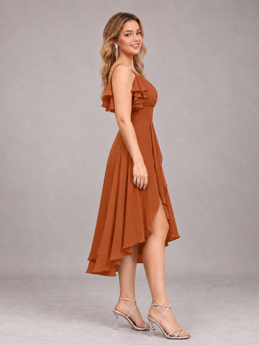 Burnt Orange Beautiful Ruffles High Low Knee Length Chiffon Bridesmaid Dress