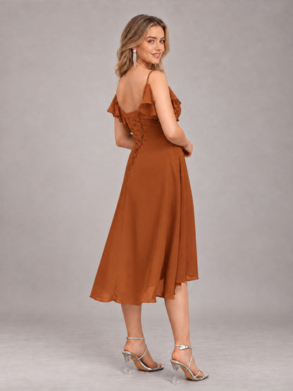 Burnt Orange Beautiful Ruffles High Low Knee Length Chiffon Bridesmaid Dress