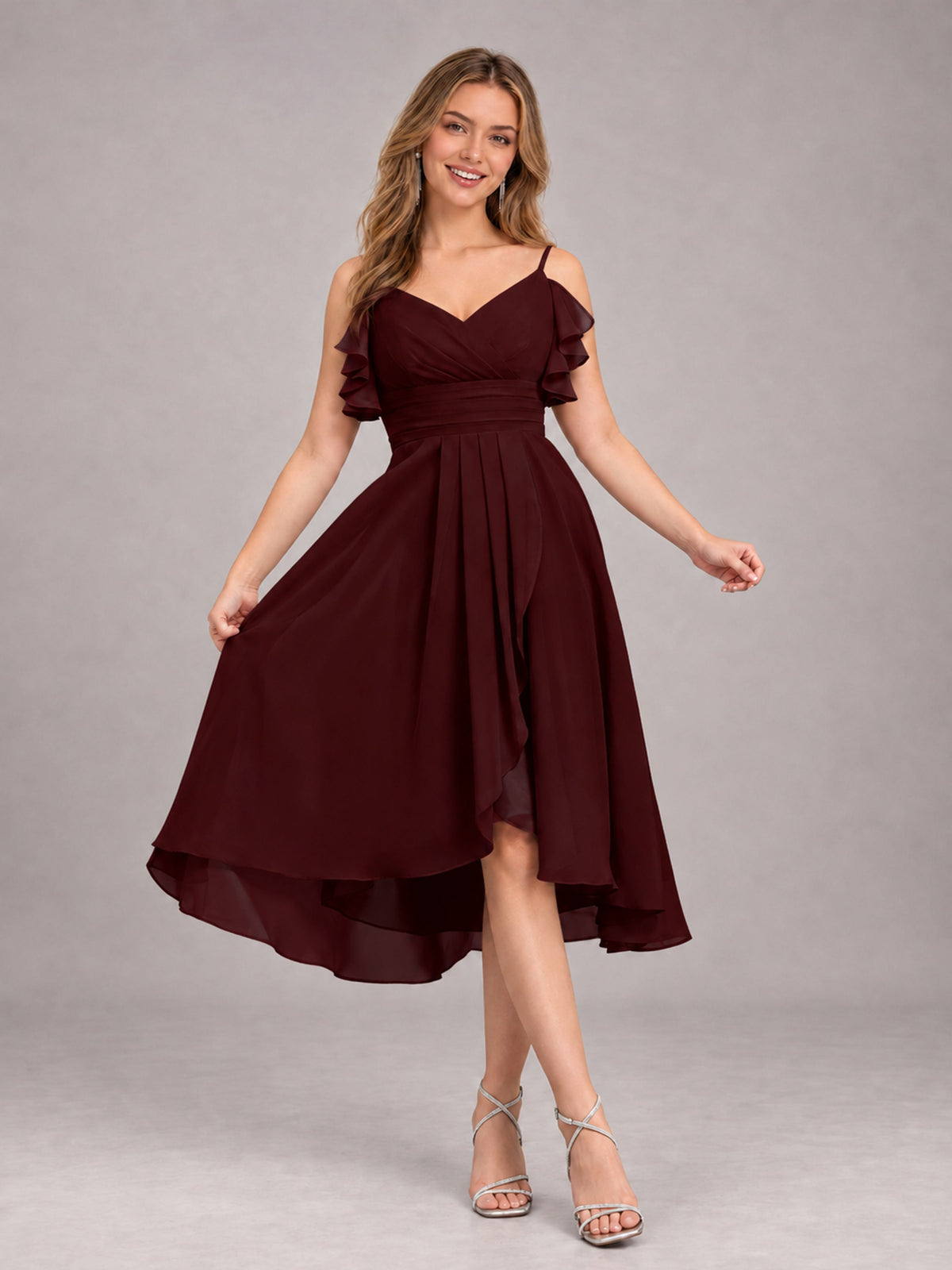 Cabernet Beautiful Ruffles High Low Knee Length Chiffon Bridesmaid Dress
