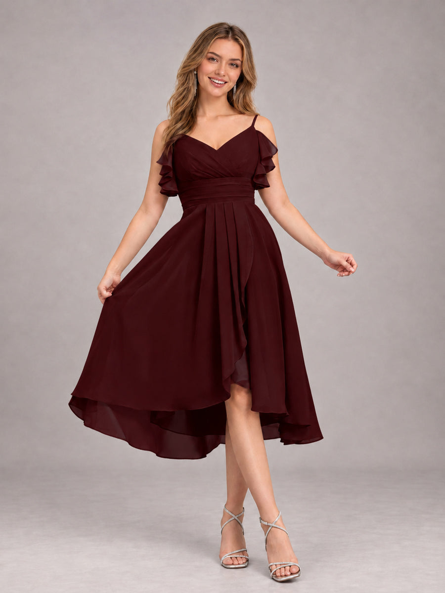 Cabernet Beautiful Ruffles High Low Knee Length Chiffon Bridesmaid Dress