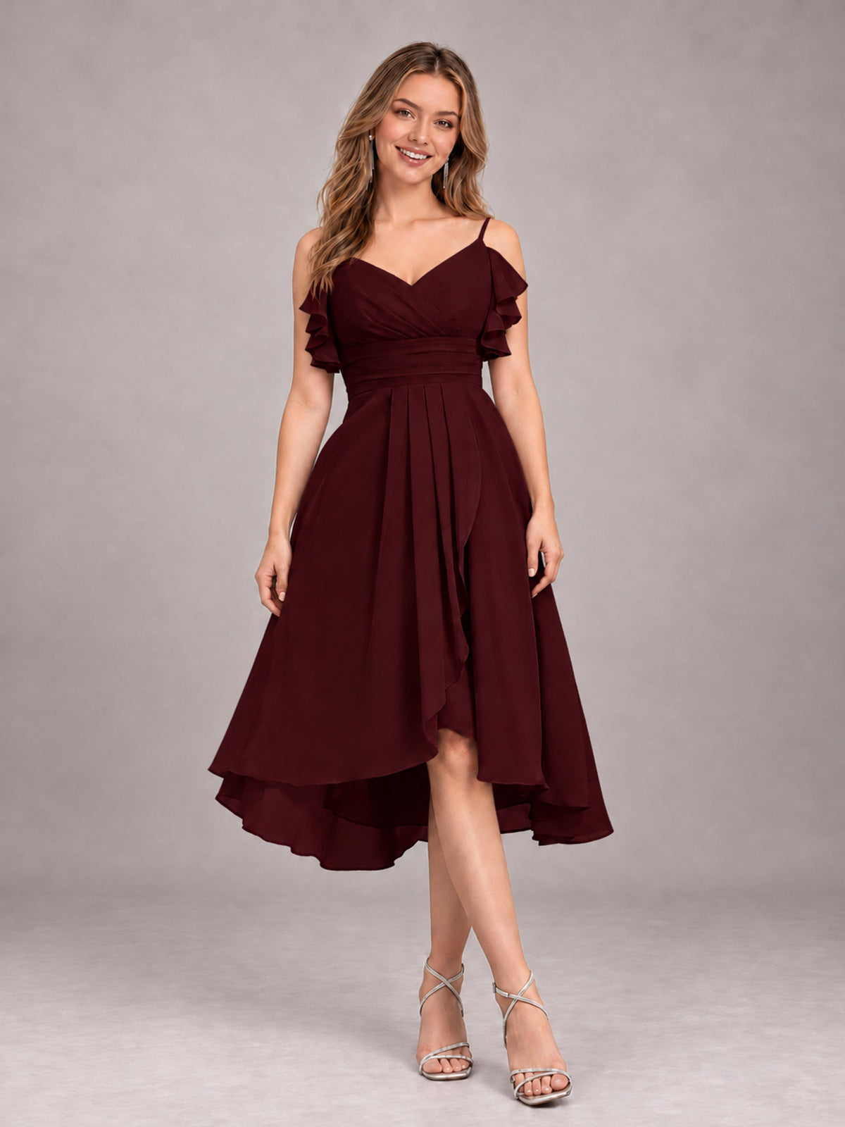 Cabernet Beautiful Ruffles High Low Knee Length Chiffon Bridesmaid Dress
