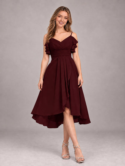 Cabernet Beautiful Ruffles High Low Knee Length Chiffon Bridesmaid Dress