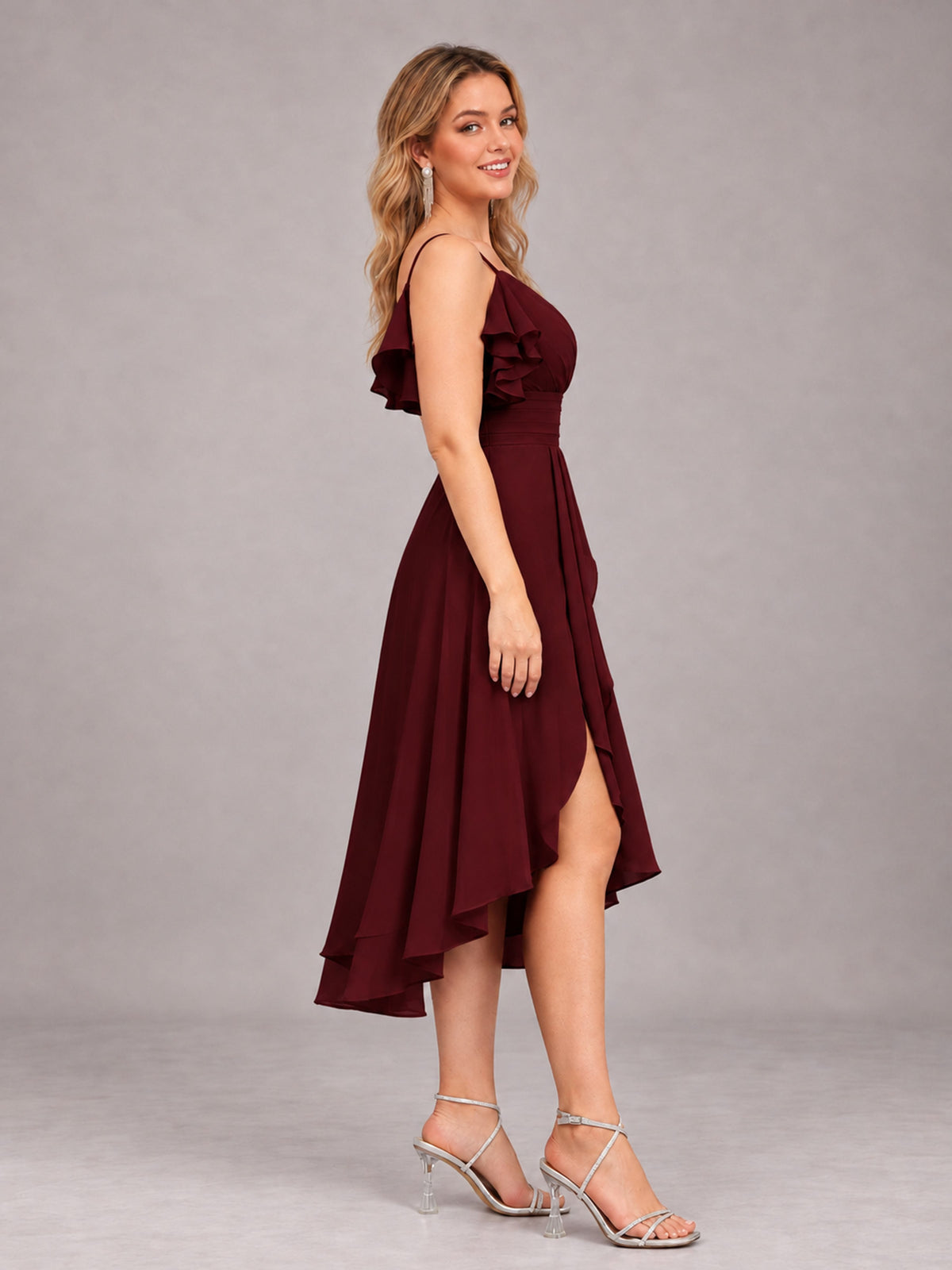 Cabernet Beautiful Ruffles High Low Knee Length Chiffon Bridesmaid Dress
