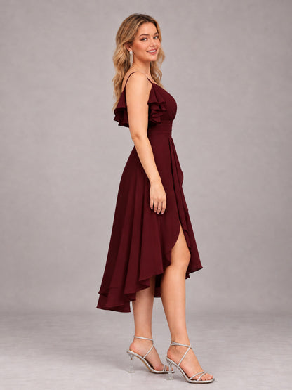 Cabernet Beautiful Ruffles High Low Knee Length Chiffon Bridesmaid Dress