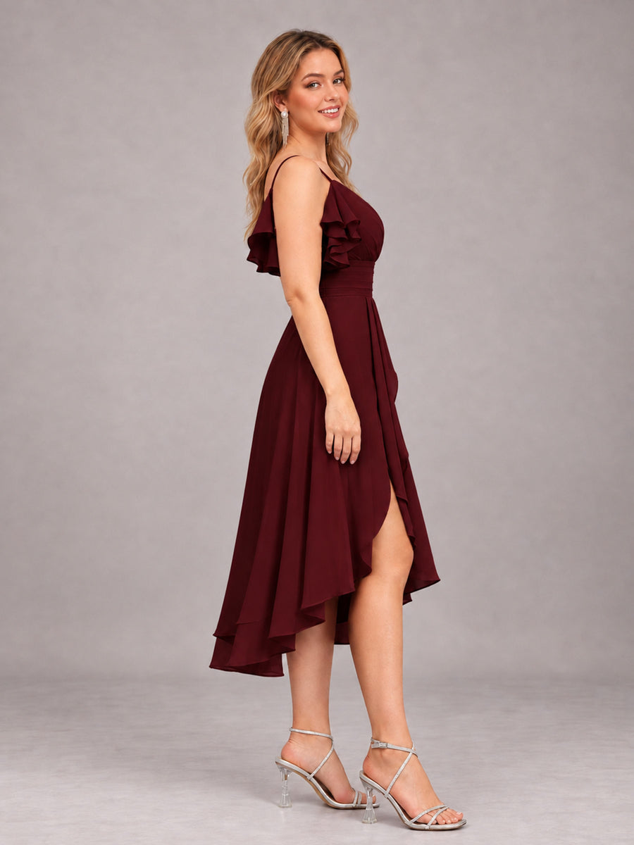 Cabernet Beautiful Ruffles High Low Knee Length Chiffon Bridesmaid Dress