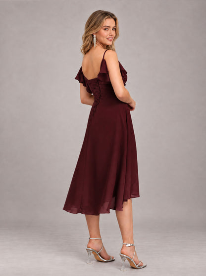 Cabernet Beautiful Ruffles High Low Knee Length Chiffon Bridesmaid Dress