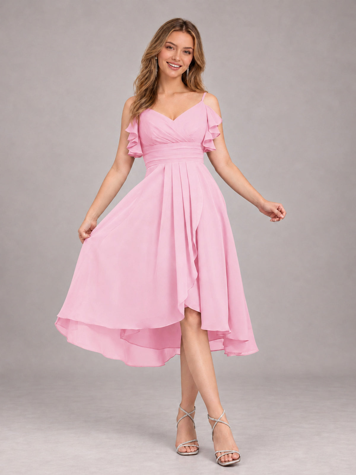 Candy Pink Beautiful Ruffles High Low Knee Length Chiffon Bridesmaid Dress