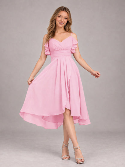 Candy Pink Beautiful Ruffles High Low Knee Length Chiffon Bridesmaid Dress