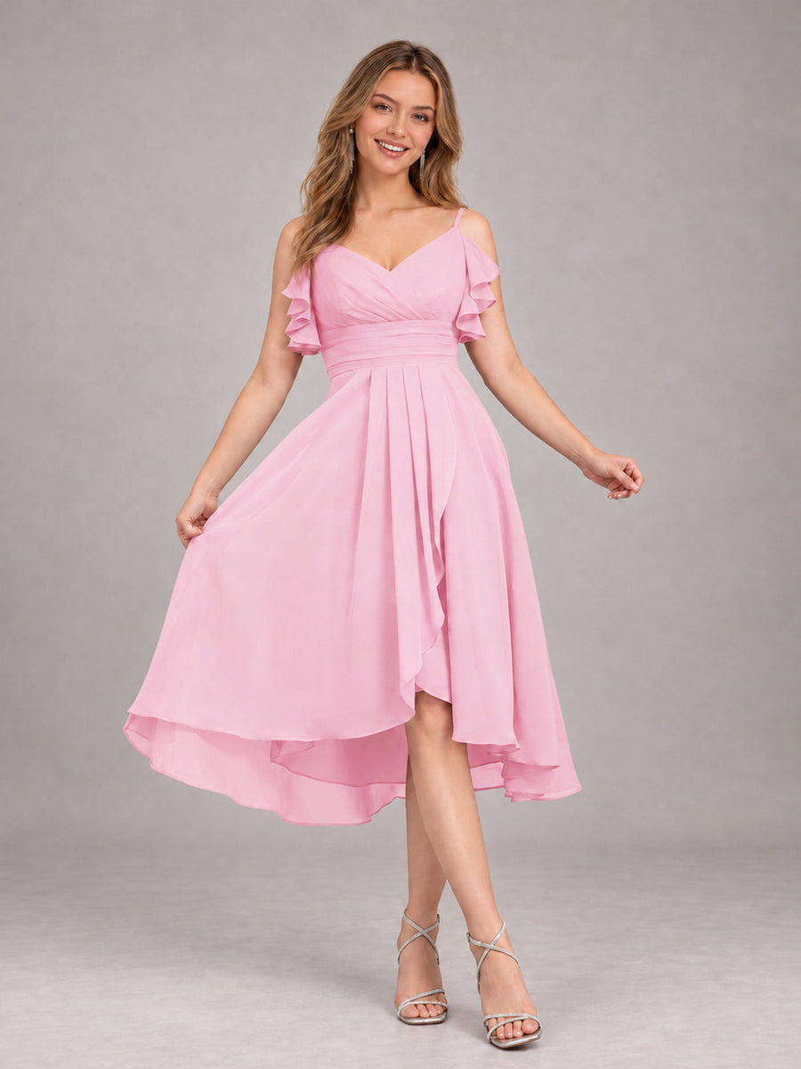 Candy Pink Beautiful Ruffles High Low Knee Length Chiffon Bridesmaid Dress