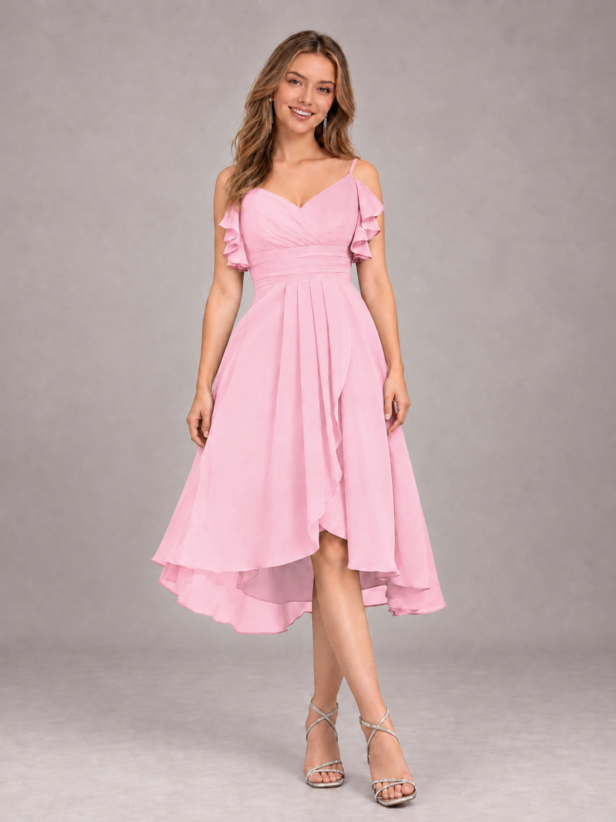 Candy Pink Beautiful Ruffles High Low Knee Length Chiffon Bridesmaid Dress