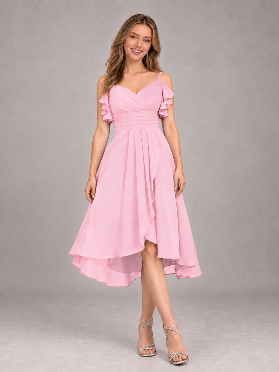 Candy Pink Beautiful Ruffles High Low Knee Length Chiffon Bridesmaid Dress