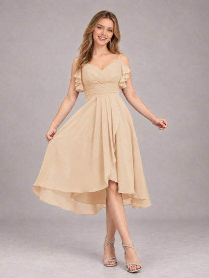 Champagne Beautiful Ruffles High Low Knee Length Chiffon Bridesmaid Dress