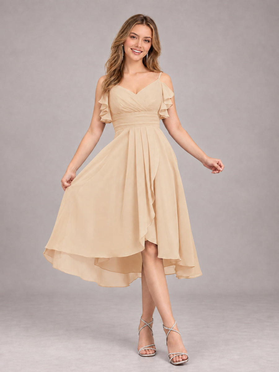 Champagne Beautiful Ruffles High Low Knee Length Chiffon Bridesmaid Dress