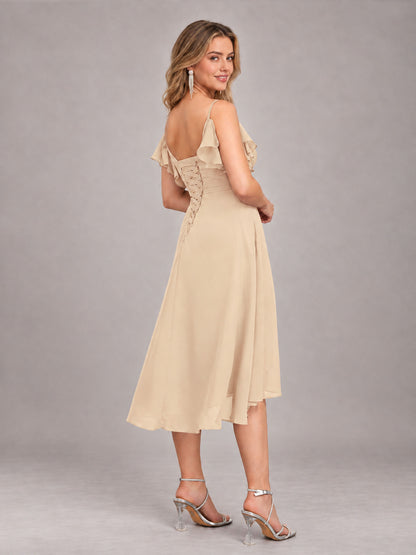 Champagne Beautiful Ruffles High Low Knee Length Chiffon Bridesmaid Dress