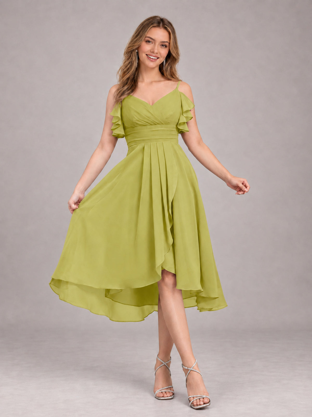 Chartreuse Beautiful Ruffles High Low Knee Length Chiffon Bridesmaid Dress