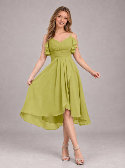 Chartreuse Beautiful Ruffles High Low Knee Length Chiffon Bridesmaid Dress