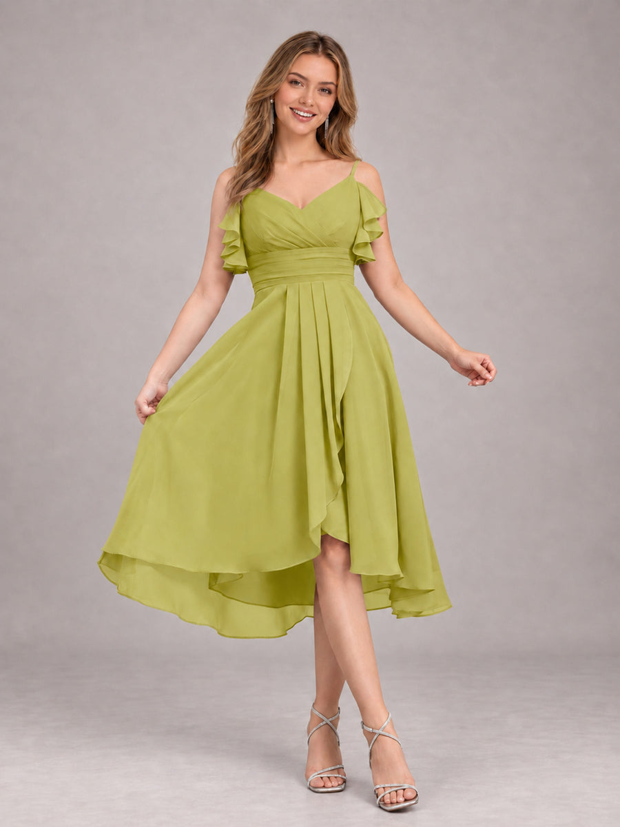Chartreuse Beautiful Ruffles High Low Knee Length Chiffon Bridesmaid Dress