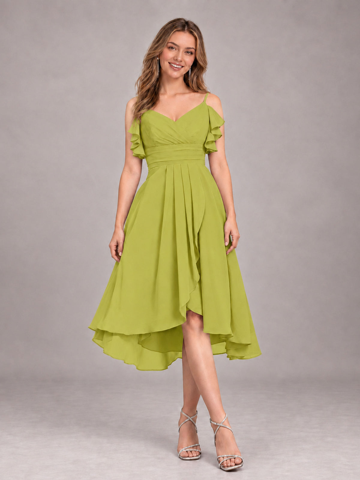 Chartreuse Beautiful Ruffles High Low Knee Length Chiffon Bridesmaid Dress