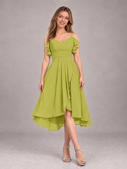 Chartreuse Beautiful Ruffles High Low Knee Length Chiffon Bridesmaid Dress