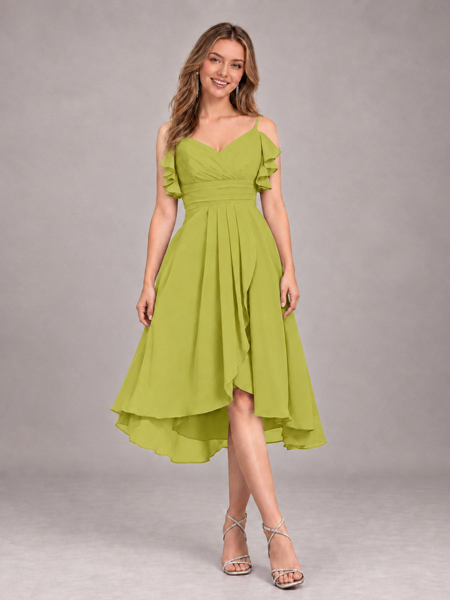 Chartreuse Beautiful Ruffles High Low Knee Length Chiffon Bridesmaid Dress