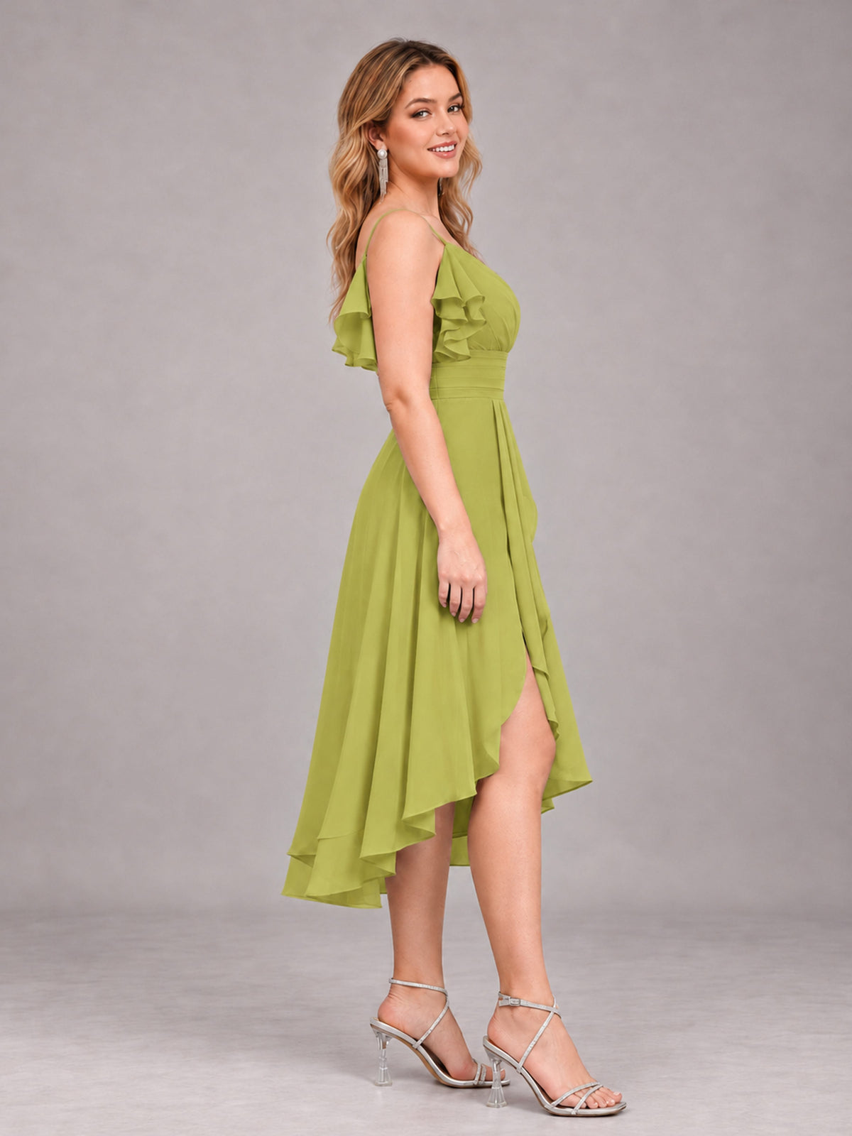 Chartreuse Beautiful Ruffles High Low Knee Length Chiffon Bridesmaid Dress