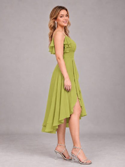 Chartreuse Beautiful Ruffles High Low Knee Length Chiffon Bridesmaid Dress