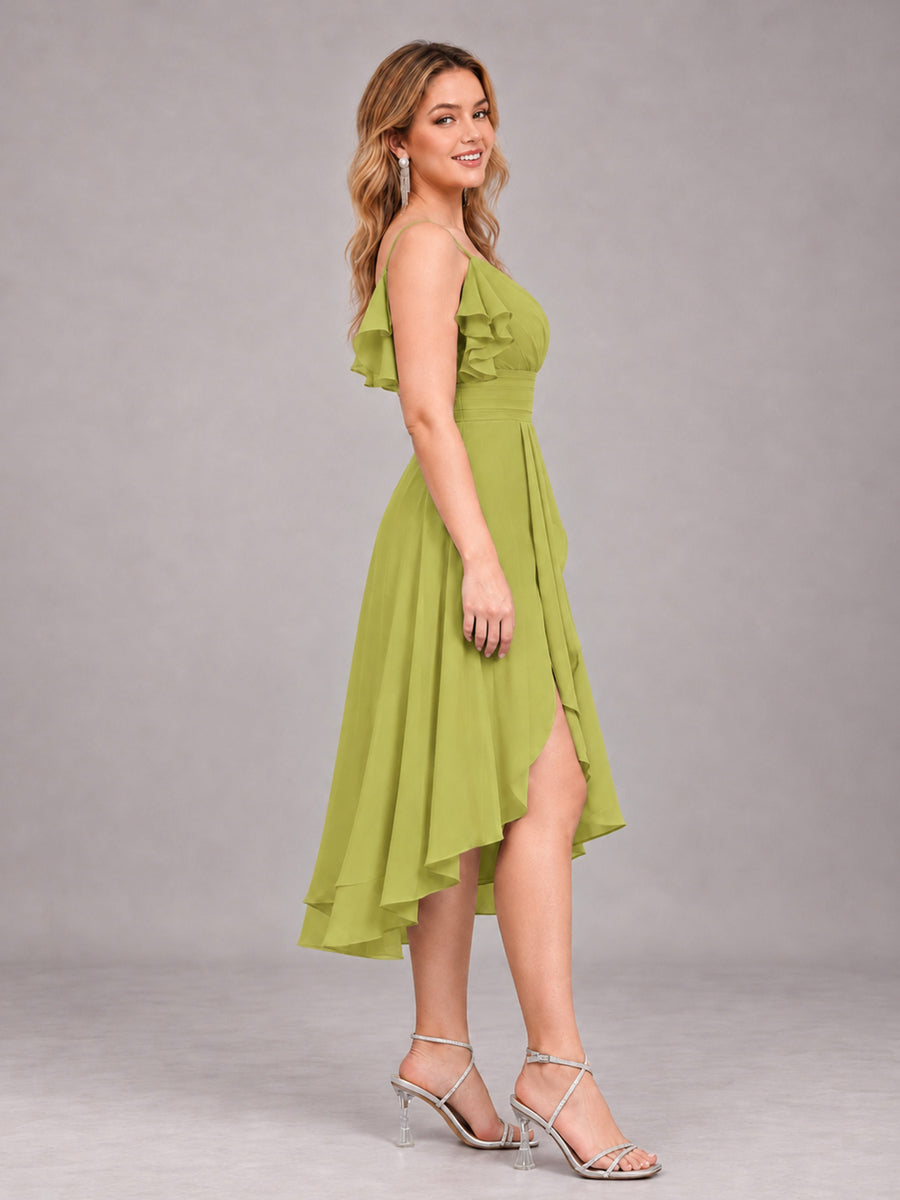 Chartreuse Beautiful Ruffles High Low Knee Length Chiffon Bridesmaid Dress