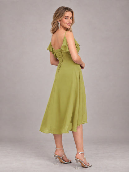 Chartreuse Beautiful Ruffles High Low Knee Length Chiffon Bridesmaid Dress