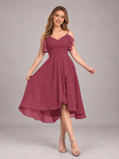 Cinnamon Rose Beautiful Ruffles High Low Knee Length Chiffon Bridesmaid Dress