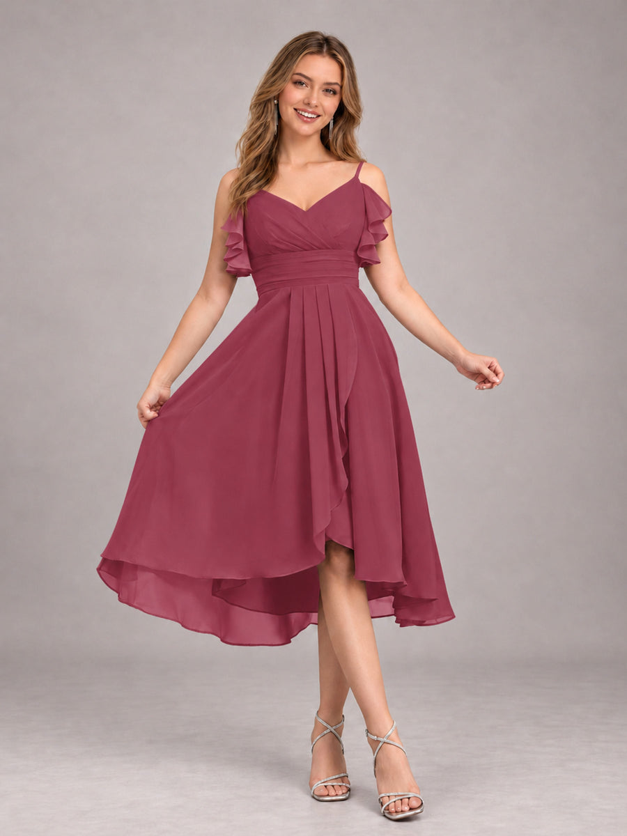 Cinnamon Rose Beautiful Ruffles High Low Knee Length Chiffon Bridesmaid Dress