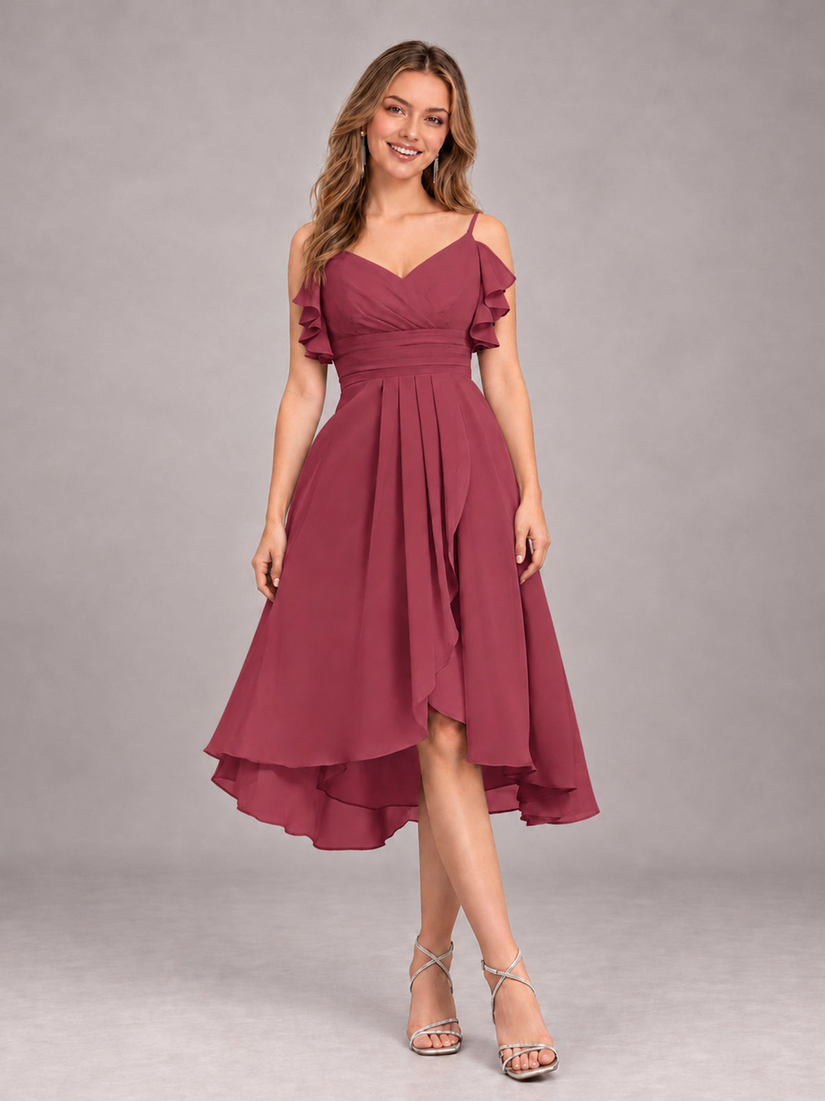 Cinnamon Rose Beautiful Ruffles High Low Knee Length Chiffon Bridesmaid Dress
