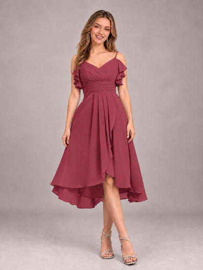 Cinnamon Rose Beautiful Ruffles High Low Knee Length Chiffon Bridesmaid Dress