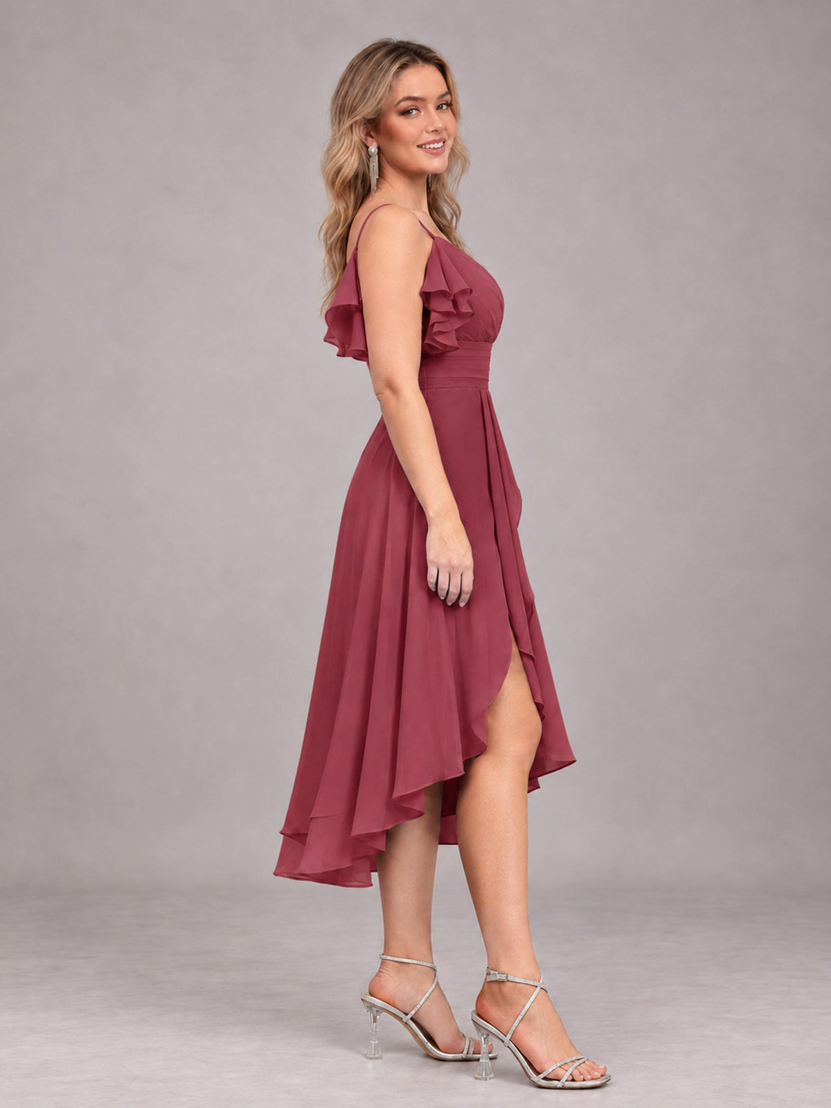 Cinnamon Rose Beautiful Ruffles High Low Knee Length Chiffon Bridesmaid Dress