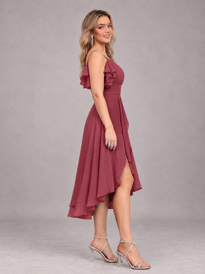 Cinnamon Rose Beautiful Ruffles High Low Knee Length Chiffon Bridesmaid Dress