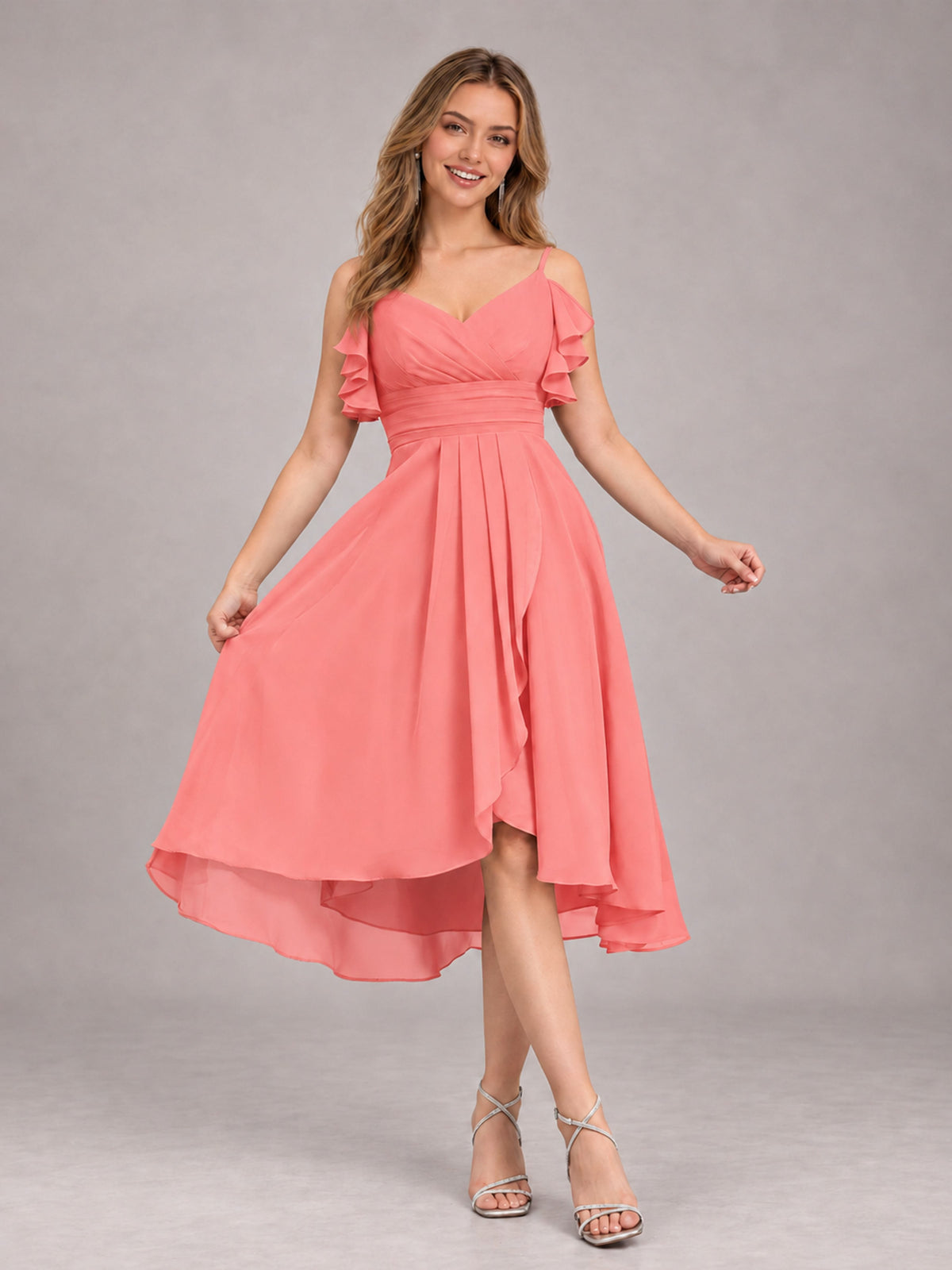Coral Beautiful Ruffles High Low Knee Length Chiffon Bridesmaid Dress