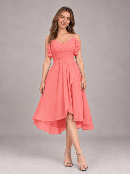 Coral Beautiful Ruffles High Low Knee Length Chiffon Bridesmaid Dress