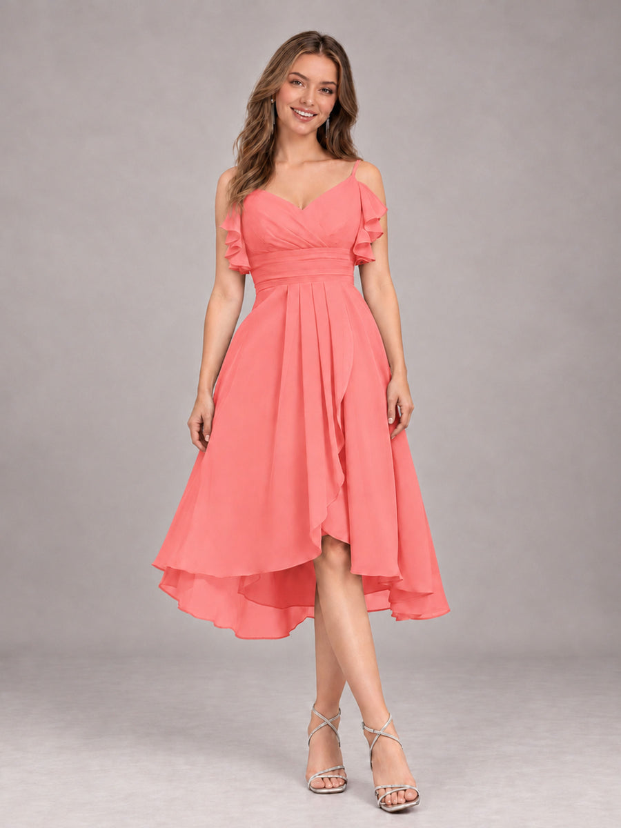 Coral Beautiful Ruffles High Low Knee Length Chiffon Bridesmaid Dress
