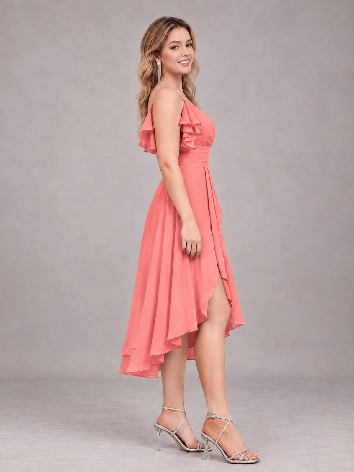 Coral Beautiful Ruffles High Low Knee Length Chiffon Bridesmaid Dress