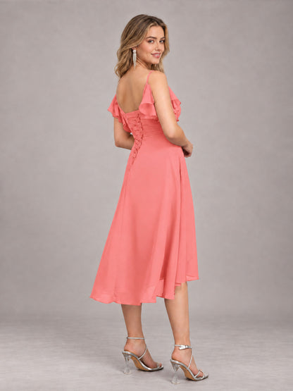 Coral Beautiful Ruffles High Low Knee Length Chiffon Bridesmaid Dress