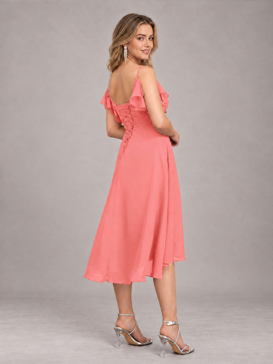 Coral Beautiful Ruffles High Low Knee Length Chiffon Bridesmaid Dress