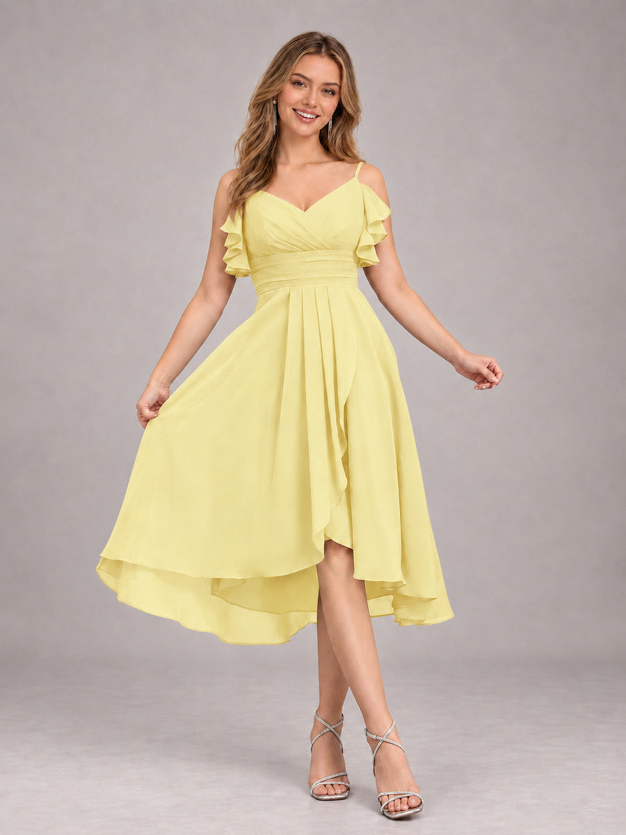 Daffodil Beautiful Ruffles High Low Knee Length Chiffon Bridesmaid Dress