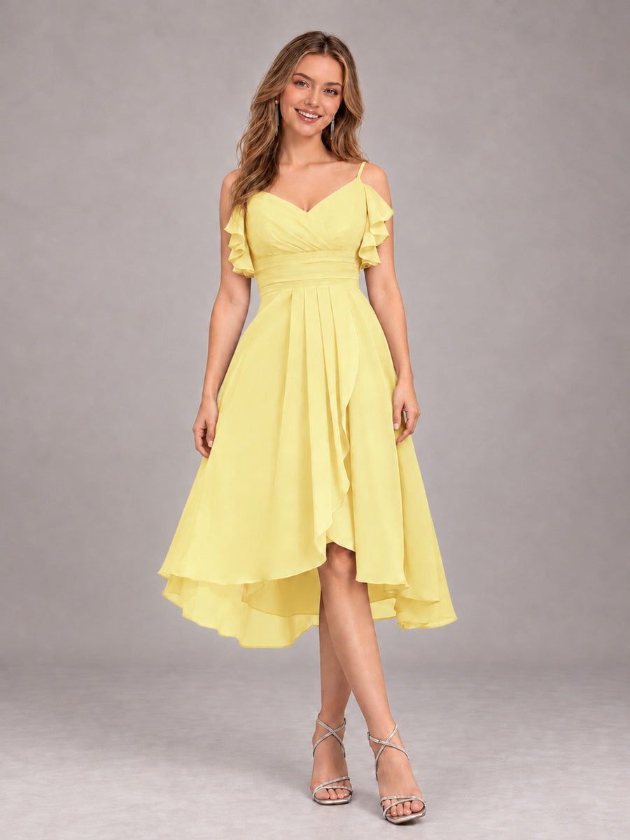 Daffodil Beautiful Ruffles High Low Knee Length Chiffon Bridesmaid Dress