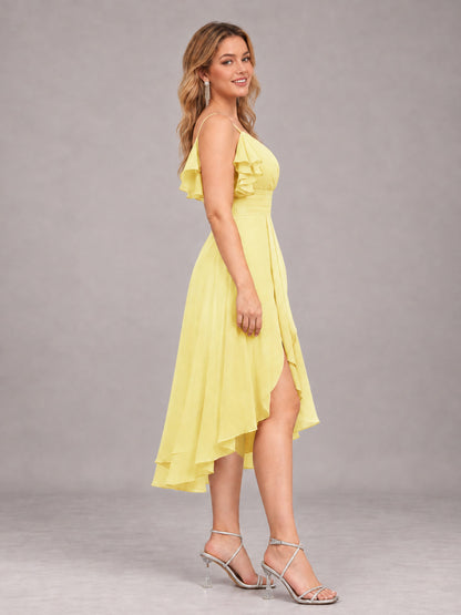 Daffodil Beautiful Ruffles High Low Knee Length Chiffon Bridesmaid Dress