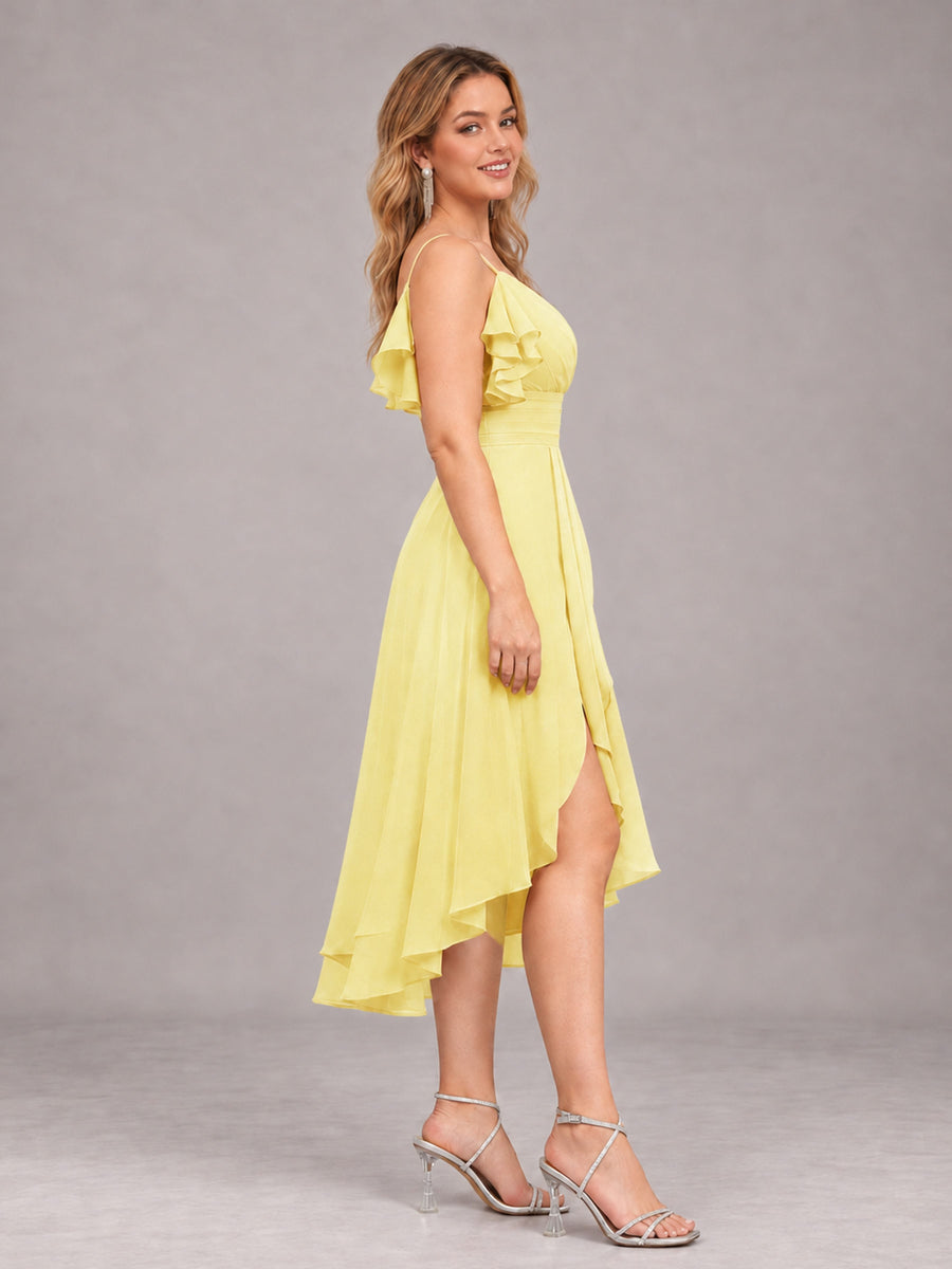 Daffodil Beautiful Ruffles High Low Knee Length Chiffon Bridesmaid Dress