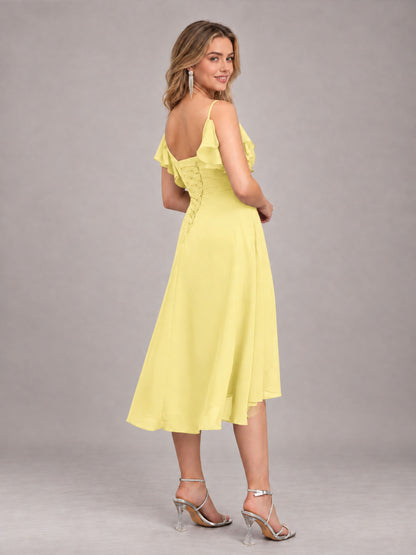 Daffodil Beautiful Ruffles High Low Knee Length Chiffon Bridesmaid Dress