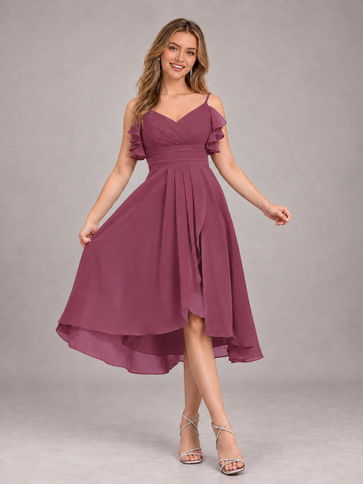 Desert Rose Beautiful Ruffles High Low Knee Length Chiffon Bridesmaid Dress