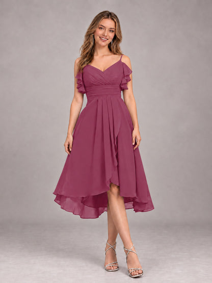 Desert Rose Beautiful Ruffles High Low Knee Length Chiffon Bridesmaid Dress